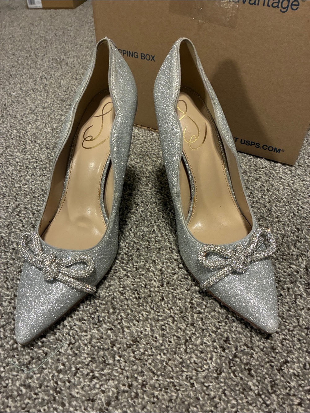Silver Glitter Pointed-Toe Bow Pumps - Women's Dress Heels